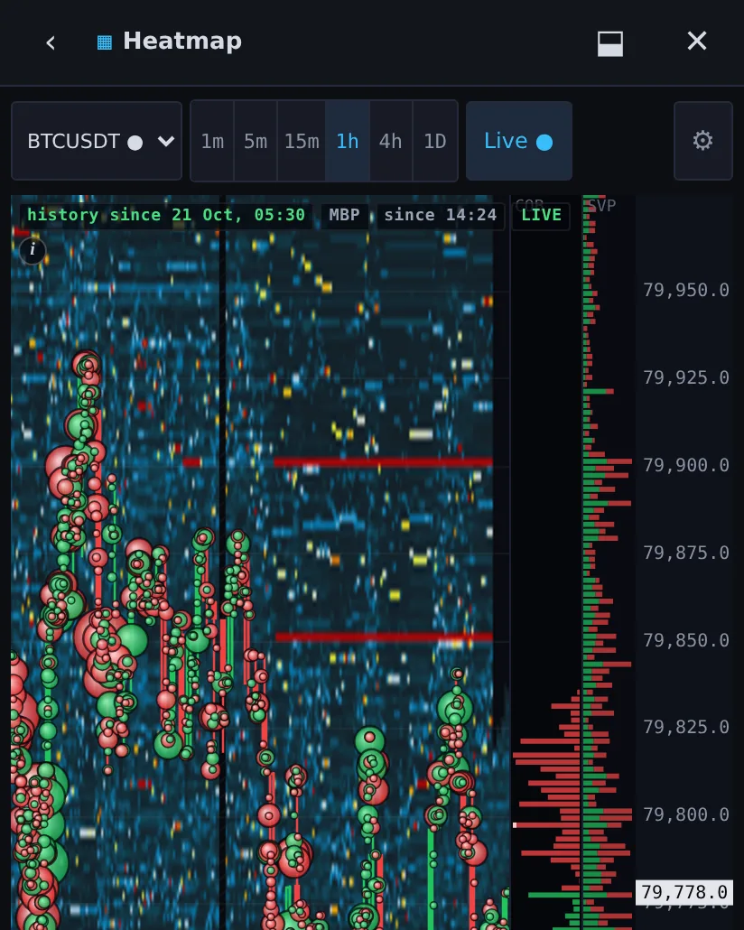 AX Terminal liquidity heatmap on live BTC perpetual data